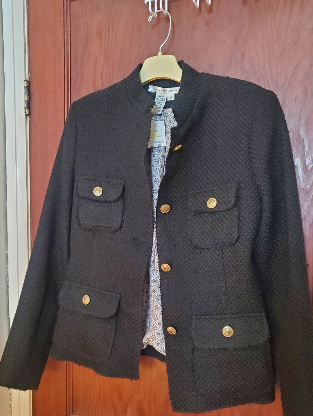 NWT Max Studio Black Tweed Boucle Jacket Blazer Gold Buttons Size M